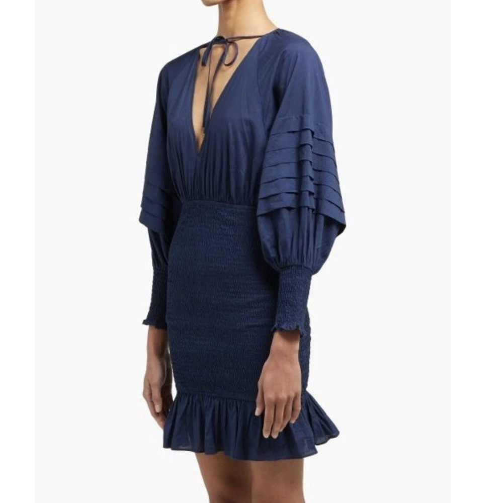 Rhode Resort Anya Mini Dress S Navy Blue Smocked Ruffle Balloon Sleeve V-Neck